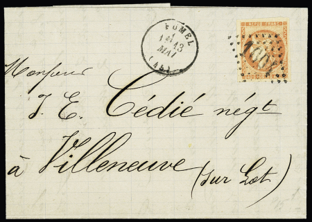 N°48, 40c orange, OBL GC 1604 + T16 "Fumel (45)" Lot et Garonne sur lettre. TB. Cote 250€