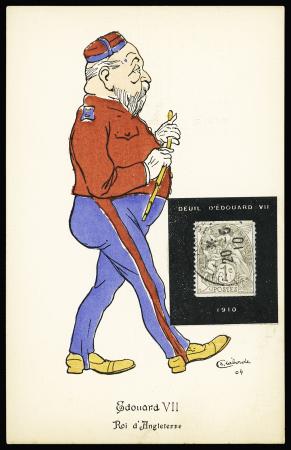 Type Blanc, n°107, 1c gris OBL sur porte-timbre noir "Deuil d'Edouard VII 1910" sur carte postale représentant le roi. TB