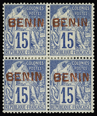N° 6B 15c bleu avec surcharge rouge, en bloc de 4,