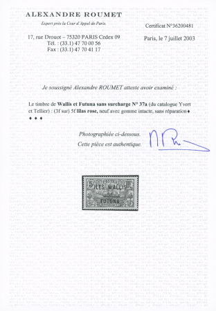 N° 37a variété sans surcharge 3f, **, TTB