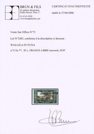 N° 113a 85c FRANCE LIBRE variété surcharge renversée,