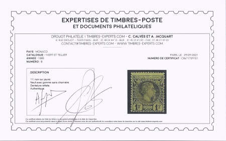 N°9 1F noir sur jaune, très frais, **, TB (cote