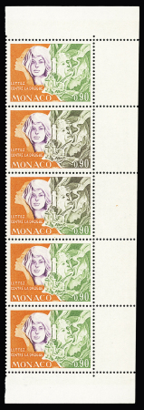 N° 932 90c en bande de 5 dont deux avec couleur grise