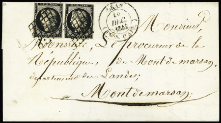 N° 3 en paire, touchée en haut, obl. grille sur lettre