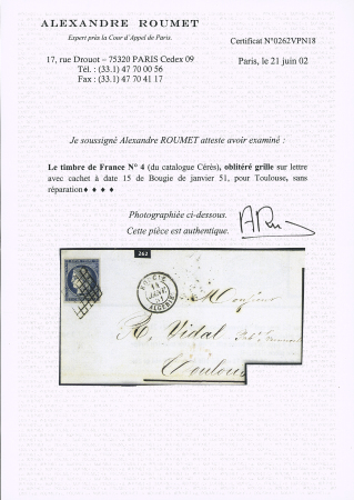 N° 4 obl. grille sur lettre de Bougie (T15 14.01.51)