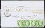 N°12 5c vert en bande de 4 (touchée) obl. PC 3721 sur