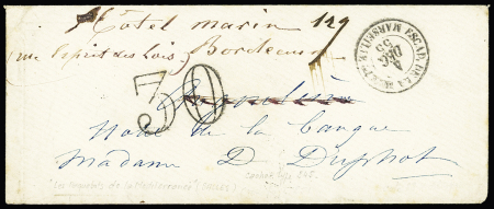 Lettre sans timbre avec CAD "Escad. De la méditée Marseille" (1855) + taxe 30 double-trait. TB