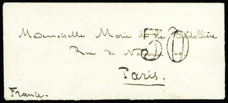 Lettre sans timbre avec au recto taxe 30 double-trait (1865) et au verso cachet noir avec aigle "Service de la flotte corvette à vapeur la Tisiphone". On joint l'historique du navire. TB