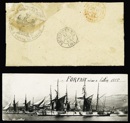Lettre partielle avec au verso cachet noir avec aigle "service de la flotte aviso à vapeur Le Forfait" (1864). On joint une photo et l'historique du navire