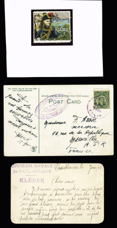 Croiseur Kleber : 4 cartes postales, 1 lettre et 1 vignette dont Philippines n°204 OBL Manila (1908) + cachet ovale violet "Division navale d'extrême-orient - Kleber". TB
