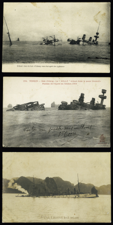 Croiseur cuirassé Sully : 5 CP et 1 lettre dont 3 avec cachet rectangulaire violet orné d'une ancre "Croiseur cuirassé Sully"en Indochine dont plusieurs vues de l'échouage en baie d'Along (oct 1906). TB lot