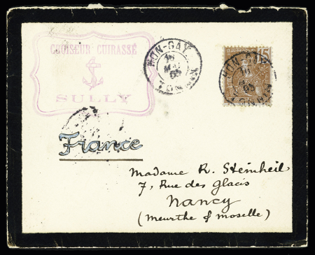 Croiseur cuirassé Sully : 5 CP et 1 lettre dont 3 avec cachet rectangulaire violet orné d'une ancre "Croiseur cuirassé Sully"en Indochine dont plusieurs vues de l'échouage en baie d'Along (oct 1906). TB lot
