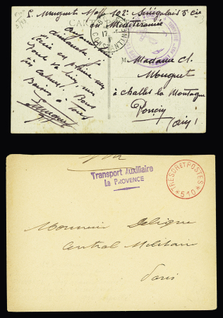 Armée d'Orient. CP avec cachet violet avec ancre "Corps expéditionnaire d'orient transport aux RE Britannia" et lettre en franchise avec CAD rouge sans bloc dateur "trésor et postes 510" + griffe violette "Transport a