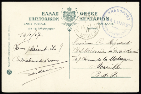 CP de Corfou avec CAD "postes navales medit. D" (14.1.17 Salonique) + cachet bleu "Transport La Loire réquisitionné". TB