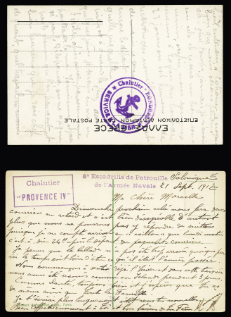 4 CP avec cachets de navires français à l'Armée d'Orient (1917) : chalutier Rorqual, chalutier Goeland (2), chalutier Provence IV. TB lot