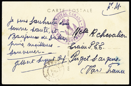 Carte postale de Dakar (vers 1939) avec cachet violet avec ancre "navire hopital Canada vaguemestre". TB