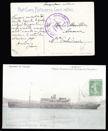Carte postale à Nouméa (vers 1915) avec cachet violet "Infanterie coloniale - bord du Sontay - le commandant des troupes" (le Sontay transportait les troupes de Nouvelle Calédonie vers le front français). TB
