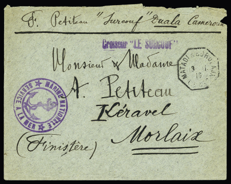 Lettre en franchise de Douala (Cameroun) avec griffe violette "Croiseur le Surcouf" + cachet violet "Marine nationale service à la mer" (1916 - conquête du Cameroun allemand). TB