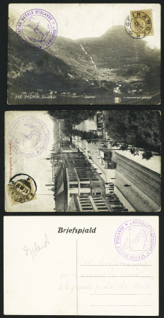 9 CP de GB ou d'Islande avec marques du croiseur Lavoisier dont plusieurs avec cachet violet avec ancre "Station navale d'Islande - croiseur Lavoisier" (1911). Bel ensemble.