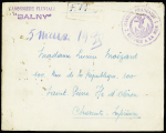 Lettre en franchise avec griffe violette "Canonnière fluviale Balny" et au verso griffe violette "Forces navales en extrême-orient flotille du Yang Tsi-Kiang canonnière fluviale Balny" (1938). TB