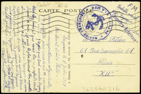 Carte postale avec OBL mécanique St Jean de Luz Basses Pyrénées (8 juin 37) avec griffe bleue "Canonnière Audacieuse" et mention manuscrite "Contrôle naval d'Espagne". TB