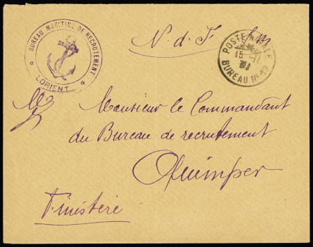 Lettre en franchise avec CAD "poste navale bureau n°18" (1939) + cachet violet avec ancre "bureau maritime de recrutement Lorient". TB