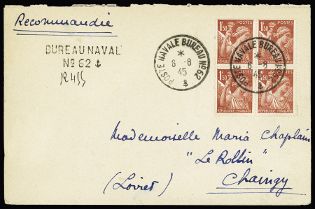 N°652, 1F50 Iris, bloc de 4 OBL CAD "Poste navale bureau n°62" (6-8.45 - Bordeaux) sur lettre avec griffe de recommandation provisoire. TB