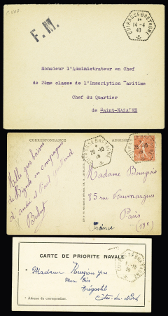 3 plis dont une petite carte de priorité navale avec CAD hexagonal "Cuirassé Bretagne (1928 - 1939 et 1940). TB lot