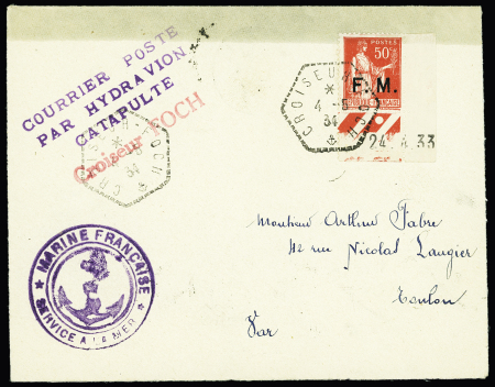FM n°7, 50c Paix OBL hex "Croiseur Foch" (4.5.34) sur lettre avec griffe violette "Courrier posté par hydravion catapulté croiseur Foch"