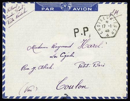 Lettre en FM pa avion avec CAD hex "croiseur Foch" (17.1.40) + griffe de fortune "PP" (navire manquant de timbres au large de l'Afrique). TB