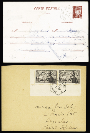 Entier CP 1F20 Pétain OBL hex "Croiseur Jean de Vienne" (14.9.42) et n°544 en paire OBL hex concordante "Croiseur Jean de Vienne" (27.11.42 - jour du sabordage) sur lettre. TB