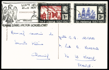 Carte postale avec cachet illustré Sainte-Hélène 27 - 28 nov Jeanne d'Arc - Victor Schoelcher" (1967). TB