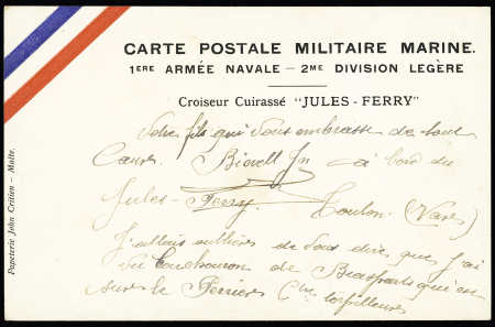 CPFM avec bandeau tricolore "1ère armée navale - 2ème division légère - croiseur cuirassé Jules Ferry" (Malte - vers 1915). TB