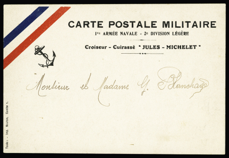 CPFM avec bandeau tricolore "1ère armée navale - 2ème division légère - croiseur cuirassé Jules Michelet" (vers 1915). TB