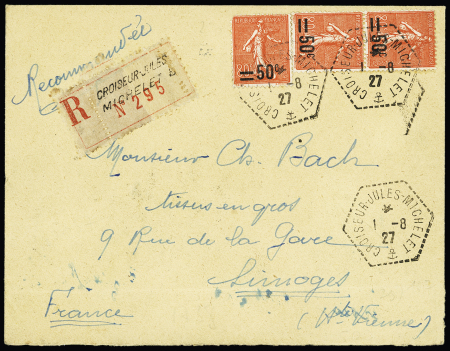 N°220, 50c sur 80c semeuse lignée, 3 pièces OBL hex "Croiseur Jules Michelet" (1.8.27) sur lettre recommandée. TB