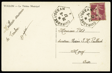 N°190 OBL hex "Cuirassé L'Océan" (1937) sur carte postale de Toulon. TB