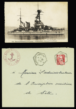 N°721, 6F Gandon, OBL CAD hexagonal type 2 "Cuirassé Lorraine" (1948) répété à côté sur lettre + carte postale représentant le navire. TB