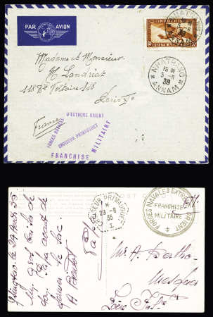 Carte postale de Tsing-Tao avec CAD hex "Croiseur Primauguet" (1935) + cachet noir "Forces navales extrême-Orient franchise militaire" et Indochine PA n°7 OBL Nhatrang (1939) sur lettre par avion avec cachet losange vi