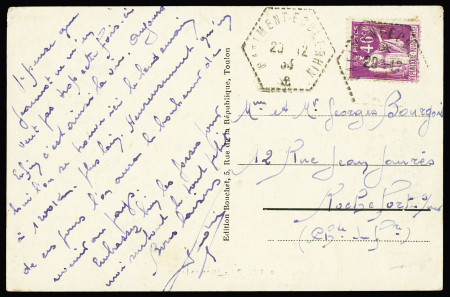 N°281, 40c lilas, OBL hex "Batiment Ecole Rhin" (1933) répété à côté sur carte postale de Toulon. Rare, cote 375€ en 1987. TB