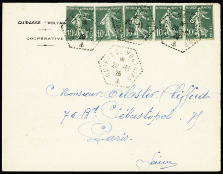 N°159, 10c semeuse vert, 5 pièces OBL rare CAD hexagonal "Cuirassé Voltaire" (1926) sur lettre à en-tête "Cuirassé Voltaire coopérative". Belle pièce.