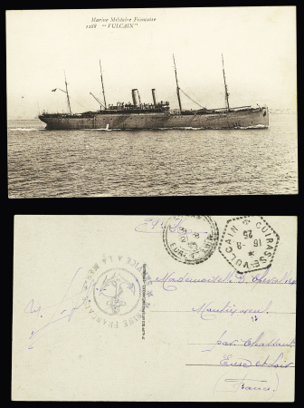 Carte postale en franchise d'Oran avec CAD hexagonal "Cuirassé Vulcain" (1925 - navire russe réquisitionné par les Français) + carte postale représentant le navire. TB