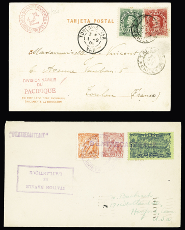 4 plis avec griffes et cachets de navire dont croiseur Protet (Chili 1904), D'Entrecasteaux" (1934 - Guyane), Canonnière La Surprise (Madagascar 1910) et contre torpilleur Gerfaut + mention manuscrite "Service en Espagn