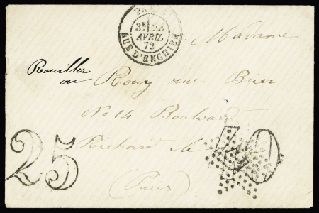 Lettre sans timbre avec CAD "Paris rue d'Enghien" (23 avril 72) + taxe 40 double-trait annulée étoile 4 et remplacée par taxe 25 double-trait. Rare et TB