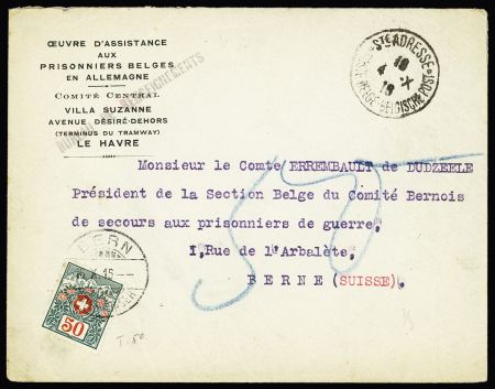 Lettre en franchise à en-tête "Œuvre d'assistance aux prisonniers de guerre belges en Allemagne - Le Havre" avec CAD "Ste Adresse - poste belge belgische post" (1916) pour Berne avec Suisse timbre-taxe n°50" (franchi