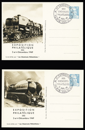 Série complète de 10 entiers cartes postales 8F bleu turquoise de l'expo des cheminots philatélistes de 1949 (Storch - Françon - Sinais Gan J2a à J2j), OBL de l'expo. TB. Cote 120€