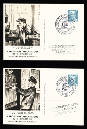 Idem - série de 10 entiers cartes postales TSC de l'expo de 1951 "Les Hommes du métier" (SAGJ 3a à 3j). TB. Cote 120€