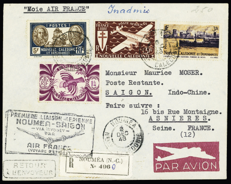 5 premiers vols : Tahiti-Paris (1.4.1950), Nouméa-Paris (30 sept 1949 - 2 lettres), Nouméa-Saïgon, voyage d'études (1948, Nouméa - Sydney (1947)