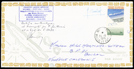 Lettre de Fiji pour la Nouvelle-Calédonie (22.6.1976) avec cachet rectangulaire bleu "Première liaison aérienne Nouméa-Port Vila Nandi - Wallis - Futuna - Suva - Vila - Nouméa par mono-moteur Piper Comanche avec sig