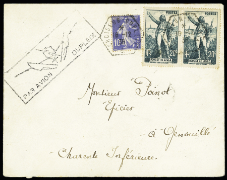 N°279 + 314 en paire OBL hex "Croiseur Dupleix" (16.12.36) sur lettre avec cachet rect illustré d'un hydravion "par avion Dupleix" (courrier catapulté). TB