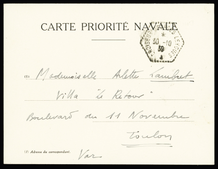 Carte priorité navale avec CAD hexagonal "Croiseur Georges Leygues" (30.10.39). TB